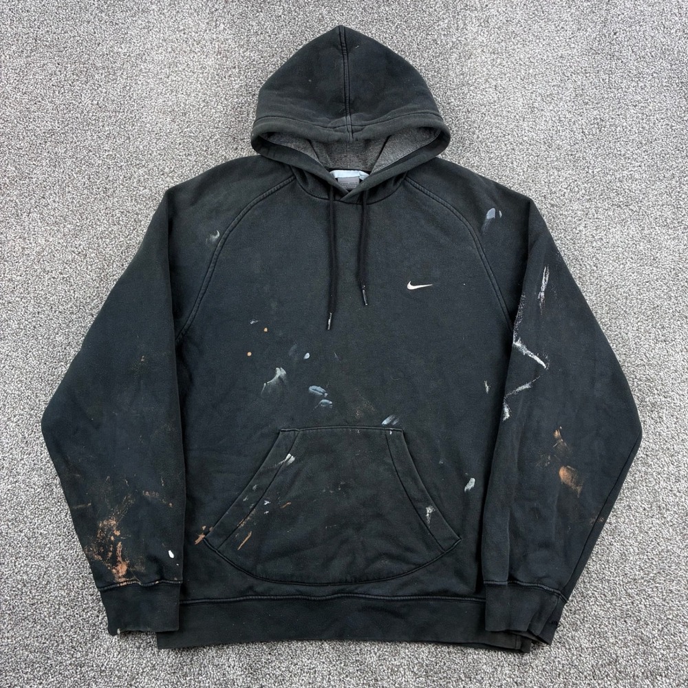Vintage Nike Hoodie Mens Large Black Distressed Paint Splatter Small Swoosh